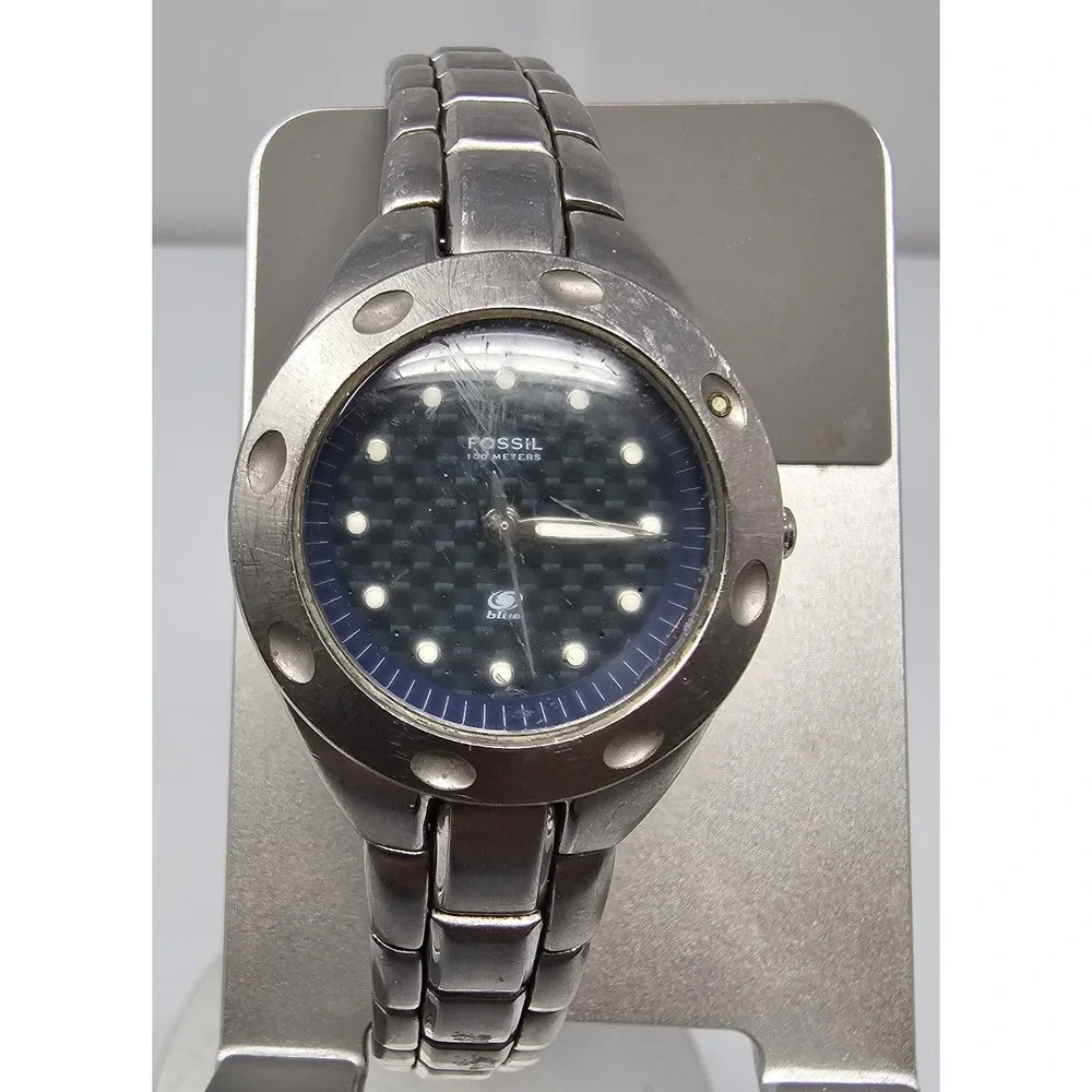 Fossil Watch Women 30mm PR-5099 Silver Tone Blue Checkered Dial New Battery 7